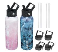 BJPKPK Lot de 2 bouteilles d'eau isothermes avec couvercles à paille - Bouteille d'eau en acier inoxydable avec 6 couvercles, anti-fuite, sans BPA, pour voyage, sport (fleur + océan)