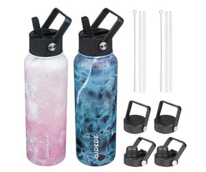 BJPKPK Lot de 2 bouteilles d'eau isothermes avec couvercles à paille - Bouteille d'eau en acier inoxydable avec 6 couvercles, anti-fuite, sans BPA, pour voyage, sport (fleur + océan)