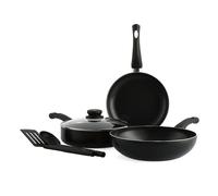 BK Brilliant Batterie de Cuisine Saine à Induction 6 pièces en Céramique,Poêle à frire,Wok,Sauté,Ustensiles,Va au Four jusqu'à 160°C,Durable et Professionnel,Va au Lave-vaisselle,Sans PFAS,Noir