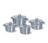 BK Conical+ Set de 4 Casseroles en Acier Inoxydable Brossé avec Couvercles, Adapté à l'Induction, Four et Rôtisserie jusqu'à 230C, Lavable au Lave-Vaisselle, Poignées Stay-Cool, Sans PFAS, Argent