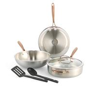 BK Rose Batterie de cuisine en acier inoxydable, 6 pièces, poêle, wok, sauteuse, ustensiles, induction, non revêtu, passe au four jusqu'à 230 °C, passe au lave-vaisselle, acier inoxydable 18/10