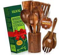 Bkiok Ensemble d'ustensiles en bois de teck pour cuisine faits à la main avec repose-cuillère et porte-ustensiles (9 pièces)