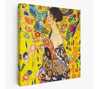 BKstuff Cadre Peinture oeuvre d'art, Reproduction sur Toile entoilée Oeuvres de Gustav Klimt (Dame avec Ventilateur, Gustav Klimt, 100x100cm)