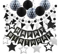 Black and Silver Birthday Decorations, Happy Birthday Banner with Honeycomb Ball, Star Hanging Swirl Streamer, Circle Dot Garland Decorations - Birthday Party Decorations for Men Boys Women Girls