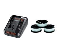 BLACK+DECKER Chargeur 2 Ah pour Batteries Lithium 18V/54V & Lot de 3 Bobines de Rechange pour Coupe-Bordures - Bobine Reflex Plus à Déroulement Automatique - 3 x 10 m de Fil en Nylon - Fil de 1,5 mm
