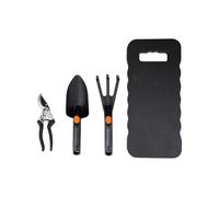 BLACK+DECKER Kit jardinage 4 pièces – sécateur 13 mm, pelle, griffe, tapis de genoux – Noir/Orange