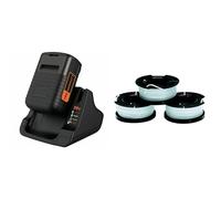 BLACK+DECKER Kit Batterie Lithium 36V 2Ah et Chargeur 1h30 & Lot de 3 Bobines de Rechange pour Coupe-Bordures, Bobine Reflex Plus A Déroulement Automatique, 3 x 10 m de Fil, ⌀1,5 mm