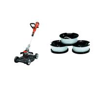 BLACK+DECKER STC1820CM-QW Outil 3 en 1 : Coupe-Bordures, Dresse-Bordures et Tondeuse sans Fil, Rouge Orangé, 28 cm & A6485-XJ Lot Reflex 3 bobines de 10 mètres de Fil, Blanc, 1,5 mm