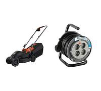 BLACK+DECKER Tondeuse Filaire 1000W, Tondeuse à Gazon Electrique 32 cm & Electraline 208612 Rallonge Prolongateur électrique 15 m avec enrouleur 4 Prises 16 A section 3G1,5 mm² Gris