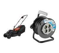 BLACK+DECKER Tondeuse Filaire 1000W, Tondeuse à Gazon Electrique 32 cm & Electraline 20867017G Rallonge Prolongateur électrique 30 m avec enrouleur 4 Prises 16 A section 3G1,5 mm² Gris
