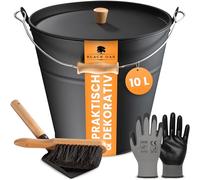 BLACK OAK Fuego Seau à cendres, 10 l, noir, avec couvercle avec poignée en bois, balayette, pelle et gants, grand seau en acier galvanisé et revêtu par pulvérisation, seau pour cendres, charbon