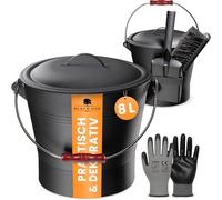 BLACK OAK LANIN Seau à cendres 8 l - Seau à cendres noir avec couvercle et poignée en bois foncé + balayette + pelle et gants - 8 l grand en acier résistant au feu galvanisé et revêtu par