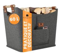 BLACK OAK Montana Panier en feutre et panier à bois XL 60 l pour bois de cheminée - Application en cuir véritable + larges poignées + poche avant extra large - Sac en feutre pliable pour le transport