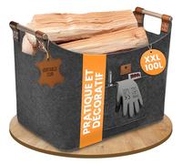 BLACK OAK Montana Panier en feutre et panier à bois XXL 100 l pour bois de cheminée - Application en cuir véritable + larges poignées + poche avant extra large - Panier en feutre pliable pour le