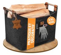 BLACK OAK Montana Panier en feutre et panier à bois XXL 100 l pour bois de cheminée - Application en cuir véritable + larges poignées + poche avant extra large - Panier en feutre pliable pour le