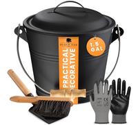 BLACK OAK Seau à cendres PITON 5L - noir avec couvercle avec poignée en bois + balayette + pelle et gants - 5L grand seau en acier galvanisé ignifuge et revêtu par pulvérisation pour cendres, charbon