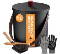 BLACK OAK Seau à cendres TOBA 5 l, noir, avec couvercle avec bouton en bois, balayette, pelle et gants, en acier galvanisé ignifuge et revêtu par pulvérisation, pour cendres, charbon, pellets