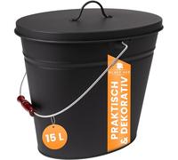 BLACK OAK Vesuvio Seau à cendres, 15 l, noir, ovale, avec couvercle, grand modèle, en acier galvanisé ignifuge et revêtu par pulvérisation pour cendres et charbon, accessoire idéal pour cheminée