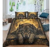 Black Wolf Golden Moon Housse de Couette 3 Pieces 3D, Wildlife Animal Art