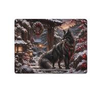 Black Wolf with Red Bells in Snowy Garden Plaque Métal, Décoration Murale | Des plaques murales en métal dans la salle de jeux: pour enrichir l'ensemble.