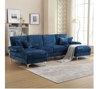 Bladez - Canapé d'angle U 4 places en tissu Chenille, avec 2 positions allongées et pieds métalliques dorés - Bleu