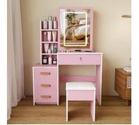 Bladez - Coiffeuse avec tabouret - Miroir, éclairage et 4 tiroirs - Ensemble coiffeuse - 85x36x130 cm - Rose