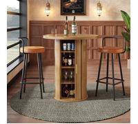 Bladez - Ensemble mange-debout rond avec 2 tabourets de bar - Table haute avec rangements intégrés - Effet bois et métal