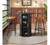 Bladez - Ensemble mange-debout rond avec 2 tabourets de bar - Table haute avec rangements intégrés - noir