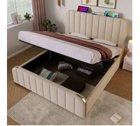 Bladez - Lit coffre 160x200 cm Lit capitonné 2 places avec USB-C, bandes dorées, rangement hydraulique - Beige
