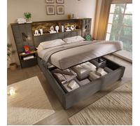 Bladez - Lit coffre 160x200 cm, lit capitonné avec lampes de lecture et prise électrique - Lit double avec table de chevet - Gris