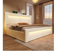 Bladez - Lit coffre 160x200 cm lit capitonné lit double avec hydraulique, LED, USB-C et design incurvé, velours - beige