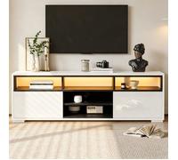 Bladez - Meuble TV moderne 150x35x50 cm Mobilier de salon avec LED, 2 portes, 8 rangements, spécial petits espaces - Blanc