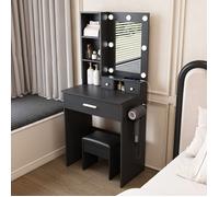 Bladez - Petite coiffeuse avec miroir LED réglable et prise,avec support sèche-cheveux,tiroirs et étagère,Tabouret rembourré,Noir