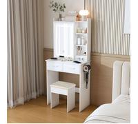 Bladez - Petite coiffeuse avec miroir LED réglable et prise,avec tabouret rembourré et rangement caché,Gain de place,60x136x36cm