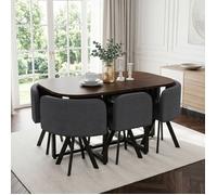 Bladez - Table à manger avec chaises 6 places 140x90 cm, plateau noyer, 6 chaises lin gris, gain de place - Gris & Noyer