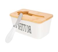 Blanc Beurrier et Coupe-beurre en Céramique Couvercle Bois | Garde le Beurre Frais, Format Compact Cuisine, Conservation Alimentaire, Boîte à Fromage Pratique