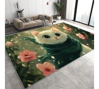 Blanc Chat Fleurs Tapis 140 x 200 cm Jardin Peinture à l'huile Lavable Poil Court Grand Tapis Salon Antidérapant Rug pour Salon Q-250