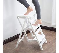 Blanc Escabeau à 3 marches Bois, Marche-pieds pliable, Marchepied Tabouret échelle Securité Antidérapant for Adultes Enfants pour camping-car Cuisine Bibliotheque Intérieur Extérieur, Max.150 kg