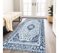 Blanc Et Bleu Tapis Couloir Long 60 x 240 cm pour Salon, Chambre ou Couloir, Fleur Symétrique Classique Raffinée Tapis Cuisine Entrée Interieur, Tapis de Passage Antiderapant Doux Facile à Nettoyer