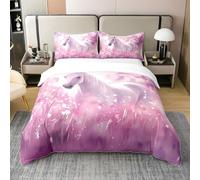 Blanc Horse Coton Biologique Housse de Couette Spécial pour Adolescentes,Rose Dream Fleur Literie Set,Magical Animal Parure de Lit,3D Cheval de Course Couvre Lit Fermeture À Glissière,140x200