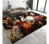 Blanc Lapin Fleurs Tapis de Couloir Long 100x200 cm 3D Peinture à l'huile Vintage Tapis de Chevet Grand Flanelle Antidérapant Lavable Poil Court Rug pour Chambre Couloir Q-186