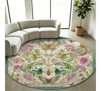 Blanc Nature Fantastique Tapis Salon 160 cm Rond Lavable en Machine | Chambre Adulte Rugs, Descente de Lit Tapis Antidérapant pour Salle à Manger, Bureau, Fleur Plante Interieur Doux Poil Ras