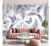 Blanc Panoramique Murale Art de Vintage Oiseaux | Papier Peint Panoramique Mural Impression Toile de Jouy Botanique 250 x 175 cm pour Salon Chambre Enfant Décoration