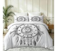 Blanc Respirante Housse de Couette 140 x 200 cm, Lignes Attrape Rêves Soleil Lune Plumes Douce et Confortable Microfibre Parure de Lit, Style Bohème avec 2 Taies d'oreiller 65 x 65 cm