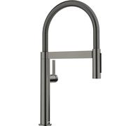 BLANCO CULINA-S II Mini robinet de cuisine en acier satiné foncé haute pression avec tuyau extractible Changement du jet transparent au jet de douche Qualité de l'eau sûre et économie d'eau