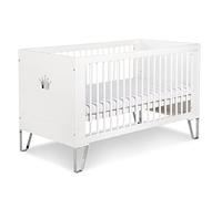 BLANKA Lit bébé évolutif convertible en lit enfant 140X70 Blanc | Sommier réglable sur 3 hauteurs, 3 barreaux amovibles et pieds en métal chromé. Couchage 140 × 70 cm, matelas non inclus.