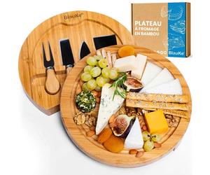 BlauKe® Plateau à Fromages en Bois de Bambou avec Ensemble de Couteaux et Fourchette