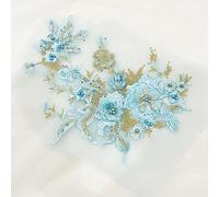 Blausky Application en dentelle 3D à coudre, 36 x 25 cm, tissu en dentelle guipure, col en dentelle, perles et fleurs, applique en tulle pour robe de bal de fin d'année, robe de mariage, bleu ciel