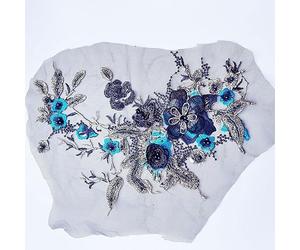 Blausky Application en dentelle 3D à coudre, 36 x 25 cm, tissu en dentelle guipure, col en dentelle, perles et fleurs, applique en tulle pour robe de bal de fin d'année, robe de mariage, bleu marine B