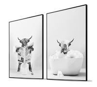 BLCKART Lot de 2 tableaux muraux élégants pour décoration de salle de bain A4 - Noir et blanc - Motif vache des montagnes - Lot de 2 posters décoratifs de salle de bain - 21 x 29,7 cm